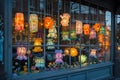 Illuminated lampshades in boutique window display Royalty Free Stock Photo