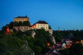 Illuminated landmarks of Castle hill at night in Veszprem, Hungary