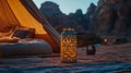 Illuminated Lantern Beside Desert Camp Bed Royalty Free Stock Photo