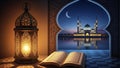 Illuminated Lantern, Open Book, Mosque Reflection Royalty Free Stock Photo