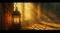 an illuminated lantern stands in a sunlit room