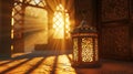 an illuminated lantern stands in a sunlit room