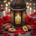 Illuminated lantern surrounded by roses and dates Royalty Free Stock Photo