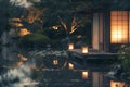 Illuminated Lantern on Zen Garden Pond. Generative AI. Royalty Free Stock Photo