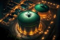 Illuminated large fuel tanks at Petrochemical industry factory