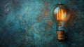 Illuminated light bulb against rustic blue background Royalty Free Stock Photo