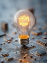 Illuminated light bulb with glowing filament symbolizing innovation and bright ideas placed on a modern electronic circuit board Royalty Free Stock Photo