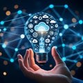 Futuristic Light Bulb with Digital Tech Icons Royalty Free Stock Photo