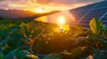 Illuminated light bulb in lush greenery with solar panel at sunset. Concept of renewable energy. Eco-friendly power Royalty Free Stock Photo