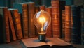 Illuminated light bulb on open vintage book. Old library books line dark shelf. Knowledge, education, learning, intelligence, Royalty Free Stock Photo