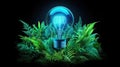 Illuminated light bulb surrounded by vibrant greenery on black background Royalty Free Stock Photo