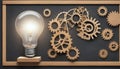 Illuminated Light Bulb with Wooden Gears on Black Background Royalty Free Stock Photo