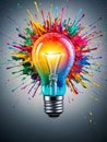 Illuminated lightbulb with colorful paint splashes, symbolizing creative thinking and innovation. Idea, brainstorming, problem Royalty Free Stock Photo