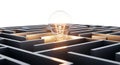 Illuminated lightbulb emerges from complex maze center Royalty Free Stock Photo