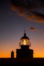 Illuminated lighthouse with a lamp on during the sunset. Dramatic clouds in the background. Royalty Free Stock Photo