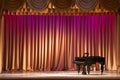 Illuminated by lights stage with backstage and decorative columns, there is an old grand piano