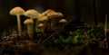 Illuminated little mushrooms in the forest. Royalty Free Stock Photo