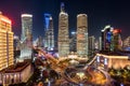 Illuminated Lujiazui skyline and Ring road circular footbridge, Shanghai, China Royalty Free Stock Photo