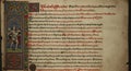 Illuminated manuscript page featuring medieval script and decorative elements. A Royalty Free Stock Photo