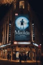 Illuminated Matilda musical sign on the Cambridge Theatre located on Seven Dials, London, UK
