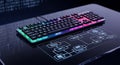 Illuminated mechanical keyboard with a digital flowchart and binary code background Royalty Free Stock Photo
