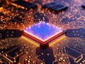 Illuminated microchip on circuit board Royalty Free Stock Photo