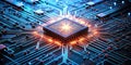 Illuminated microchip a close-up view of advanced technological circuitry and processing power. Generative AI Royalty Free Stock Photo