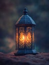 Illuminated middle eastern lantern with intricate design for festive decor and ambience Royalty Free Stock Photo