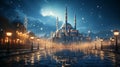 Illuminated minaret symbolizes spirituality in famous Blue Mosque