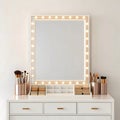 Illuminated mirror vanity with makeup brushes and palettes lights generated using AI. Royalty Free Stock Photo