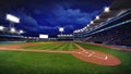 Illuminated modern baseball stadium with spectators and green grass