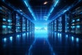 Illuminated modern data center with organized server racks emitting a captivating blue glow