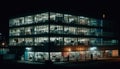 Illuminated modern skyscraper reflects on glass facade generated by AI