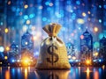 Illuminated Money Bag Binary Code and Cityscape Visualizing Online Financial Growth and Digital Wealth Creation