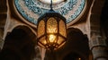 Illuminated Moroccan lantern hangs in ornate dome Royalty Free Stock Photo