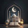 Illuminated mosque, open book, and Ramadan decorations Royalty Free Stock Photo