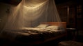 Illuminated mosquito net over bed in the guesthouse Royalty Free Stock Photo