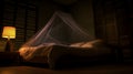 Illuminated mosquito net over bed in the guesthouse Royalty Free Stock Photo