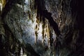 Illuminated multicolored stalactites in cave HAN-SUR-LESSE