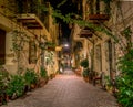 The illuminated narrow alley Antoniou Gampa with flowers and balconies in the old town of Chania