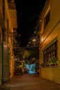 A illuminated narrow alley with gardens and restaurants in the old town of Chania