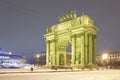 Illuminated Narva Triumphal Arch in Stachek square of St Petersburg. Winter night view.