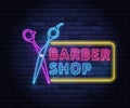 Illuminated neon barber shop design.