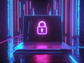 An illuminated neon padlock symbolizing cybersecurity and data protection on a laptop screen Royalty Free Stock Photo