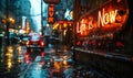 Illuminated neon sign in a rainy cityscape boldly declaring Life is Now, emphasizing the concept of living in the moment and Royalty Free Stock Photo