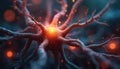 Illuminated nerve cell with fiery core, intricate branching dendrites forms complex neural network system. Microscopic view shows Royalty Free Stock Photo