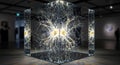 Illuminated nerve cell structure encased in a glass cube art installation display Royalty Free Stock Photo