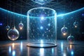 Illuminated network within a glass enclosure, suspended amidst celestial orbs and a dark, starry backdrop. Generative AI Royalty Free Stock Photo