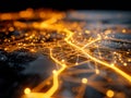Illuminated network of glowing orange lines and interconnected points representing a futuristic digital data flow and cityscape at Royalty Free Stock Photo
