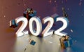 Illuminated new year 2022 sign with gifts, champagne and confetti Royalty Free Stock Photo